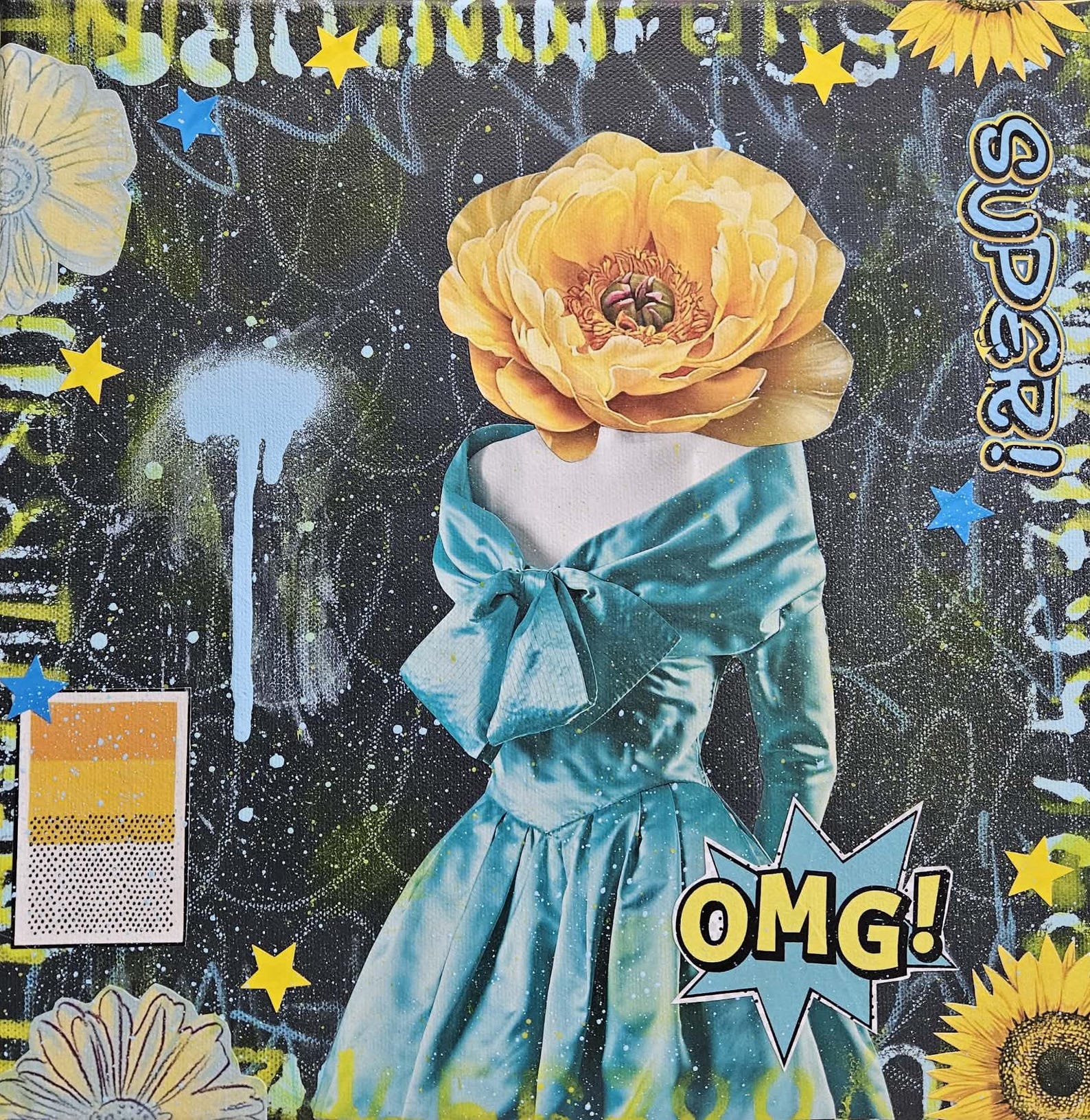 Super OMG Collage Art Blue and Yellow Mixed Media Pop Art Contemporary ...