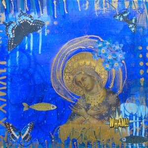 Our Lady Star of the Sea and Sky- original art square foot art collage virgin Mary Madonna Our Lady fine art painting mixed media