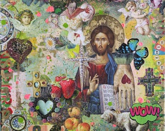 Dipinto collage dell'icona di Gesù: arte murale su tela con tecnica mista