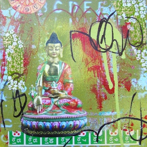 Garden of Peace tiny art buddhist buddha collage green peace love serenity painting mixed media canvas original art