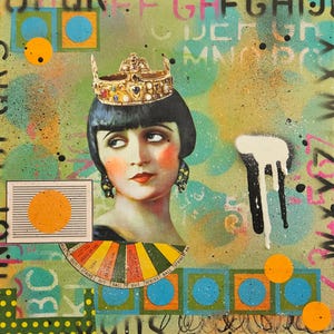 Queen for a Day beauty women art green and orange collage mixed media portrait crown square foot art canvas painting