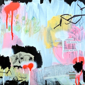 Bursting, Combustive original art collage mixed media painting canvas fine art quirky art