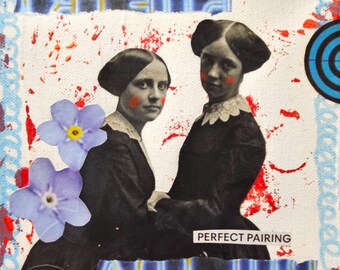 Perfecte combinatie: kleine kunstcollage, schilderij op canvas, muurdecoratie, mixed media.