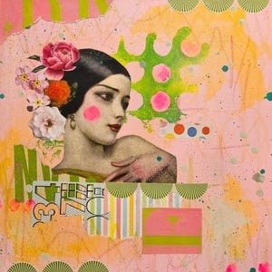 Flamenco Flower original art collage mixed media painting canvas green pink beauty woman