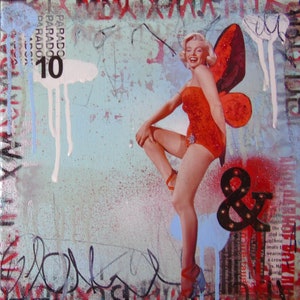 Paradosso Marilyn - collage originale dipinto pop art arte contemporanea Marilyn Monroe bellezza al bagno farfalla angelo