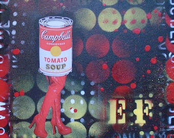 Soup's On- pop art collage painting canvas mixed media original art small art tomato soup yellow red