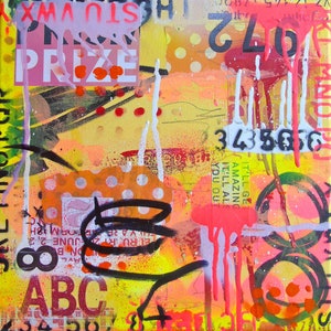 Nagroda - abstrakcyjna sztuka kolażu, oryginalna sztuka piękna, technika mieszana, ekspresjonizm miejski, żółty, pomarańczowy