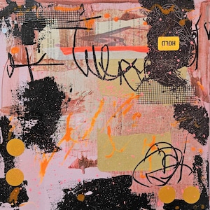 Trzymając się - mały obraz artystyczny w technice mieszanej, kolaż, oryginalna sztuka ścienna na płótnie