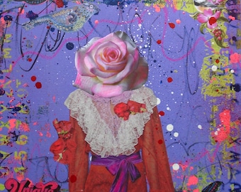 Unieke, originele kunstcollage, klein kunstwerk, mixed media schilderij op canvas