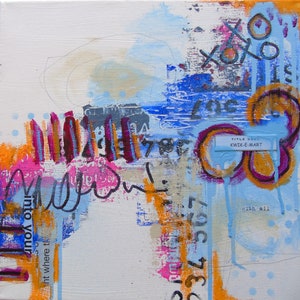 Do Twojego Kwik E Mart - oryginalna sztuka w technice mieszanej, kolaż na płótnie, kwadratowy metr, pomarańczowy, niebieski, sztuka abstrakcyjna