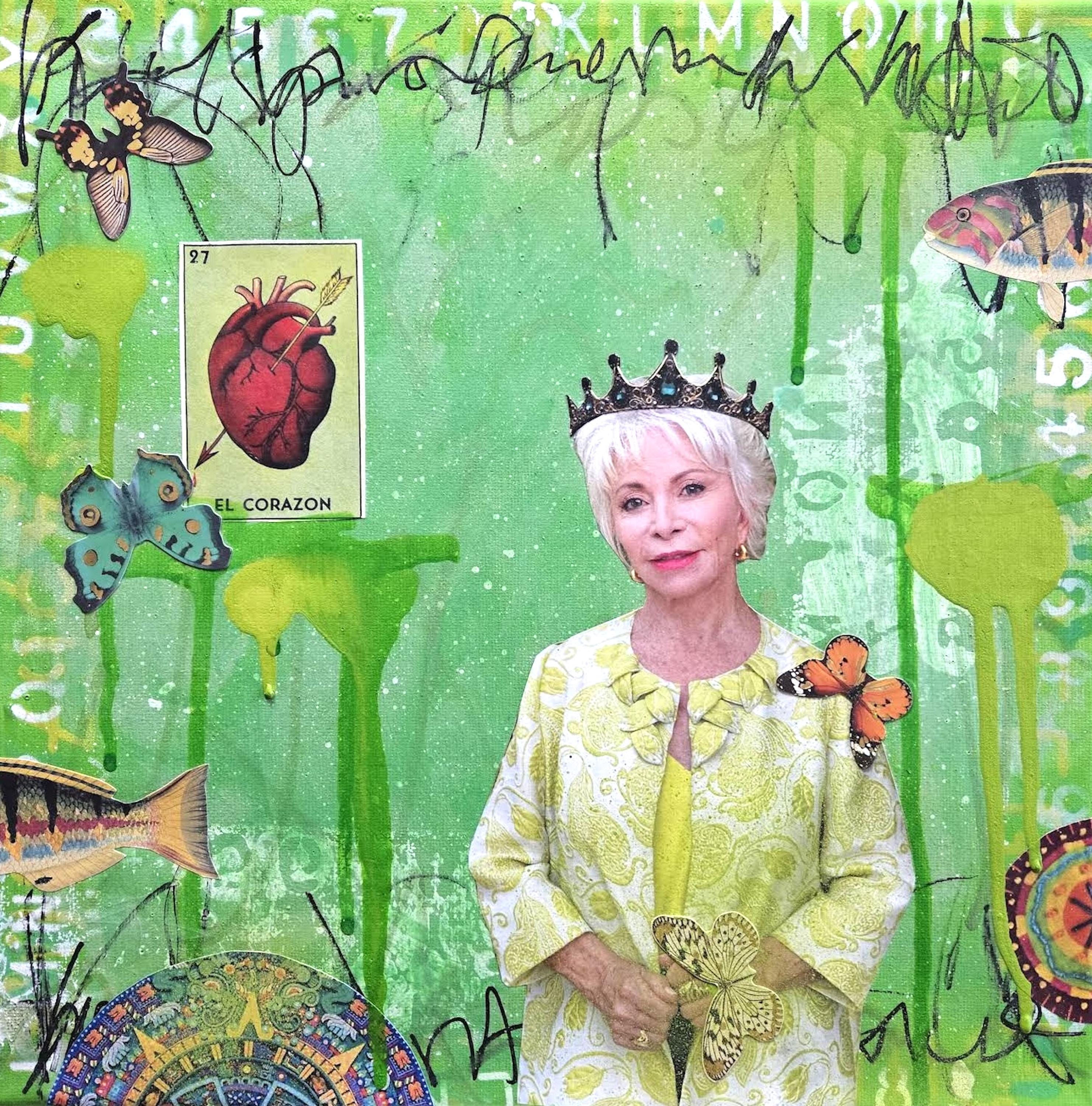 Isabel Allende Corazon green art literary art author writer mixed media painting acrylic canvas collage