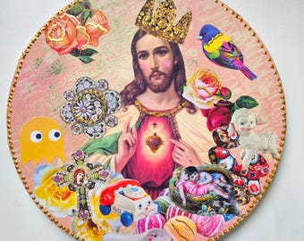 Nostalgia Jesus Oryginalny kolaż i tondo w technice mieszanej Unikatowe oryginalne dzieło sztuki