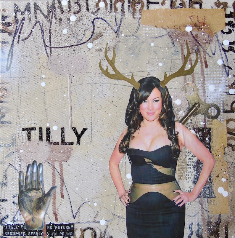 Tilly Jennifer Tilly original art collage art celebrity contemporary art hand antlers gold pop art