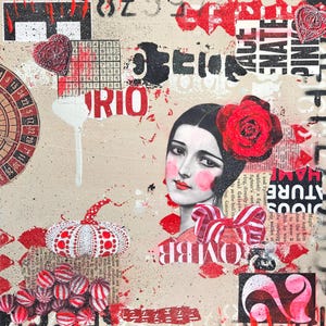 The Spanish Dancer original art collage art red black mixed media wall art beauty canvas fine art painting