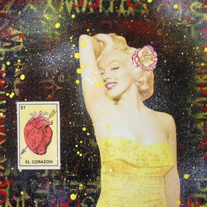 El Corazon Marilyn- yellow Marilyn Monroe lotería mixed media collage painting