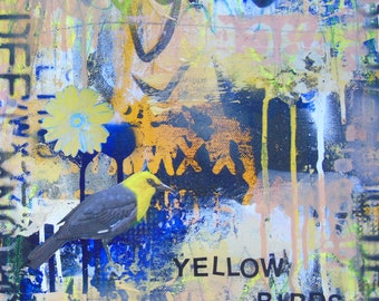 Yellow Birds original art fine art mixed media collage painting canvas graffiti pop art contemporary art