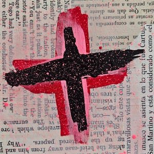 Black and Red Cross original art fine art wall art tiny art wood abstract painting mixed media collage