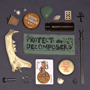 May include: A collection of small objects including a Kirin Ichiban bottle cap, a green stone, a playing card, a cross charm, a jawbone, a fabric patch with the text PROTECT DECOMPOSERS, a Joker card, and a metal spike on a dark surface.
