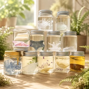 May include: A collection of eleven clear glass jars with silver metal lids, each filled with liquid and containing various submerged organic elements like white petals, green sprigs, and small purple buds, with one jar featuring a gold wax seal.