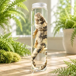 May include: A clear cylindrical glass jar with a silver screw-top lid containing a preserved specimen of a small shark. The shark has a mottled cream and dark brown patterned skin, visible fins, and a long tail curled at the bottom of the container.