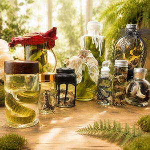 May include: A collection of clear glass jars filled with liquid and preserved snake specimens. The jars feature various lids, including dark wood, metallic gold, black, and white wax seals, with some decorated with lace, fabric, and black ribbon accents.