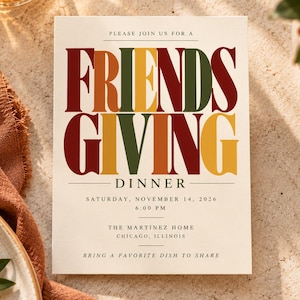 Mall för Friendsgiving-inbjudan, redigerbar Friendsgiving-middagsinbjudan, Thanksgiving-knytkalasinbjudan, Canva-mall för höstmiddag