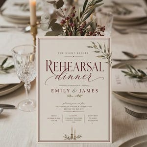 Puede incluir: Una tarjeta de invitación rectangular para una cena de ensayo con fondo crema, texto en rojo oscuro y negro, e ilustraciones de ramas de olivo. El texto dice: The Night Before Rehearsal Dinner Honoring Emily & James.