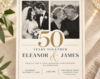 Invitación de 50º aniversario de bodas, invitación con fotos de antes y ahora, plantilla editable de Canva, 50 años juntos