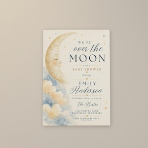 Over the Moon Baby Shower Invitation Editable Template | Celestial Moon and Stars Baby Shower Invite | Canva Digital Download