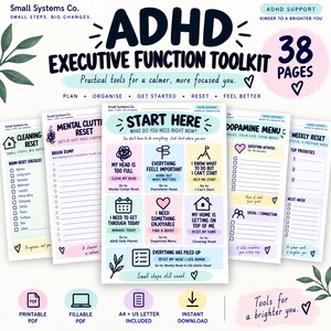 Puede incluir: Un kit de herramientas de 38 páginas para funciones ejecutivas TDAH con documentos PDF imprimibles y rellenables. Las páginas incluyen listas de control para limpieza, gestión mental, menús de dopamina y reinicios semanales con encabezados pastel.