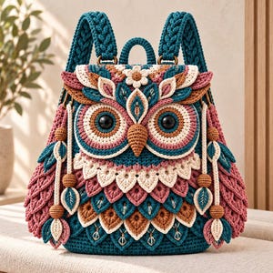 Patrón PDF de mochila de búho a crochet, bolso de búho del bosque, mochila de animales con plumas en capas, bolso funcional a crochet (descarga digital)