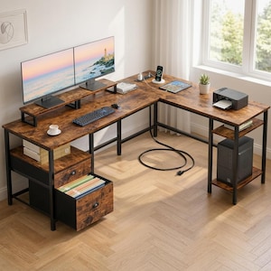 May include: An L-shaped computer desk with a rustic brown wood grain finish and a black metal frame. It features a monitor stand, two drawers, and open shelving. The desk is equipped with two computer monitors, a keyboard, a mouse, a printer, and a PC tower.
