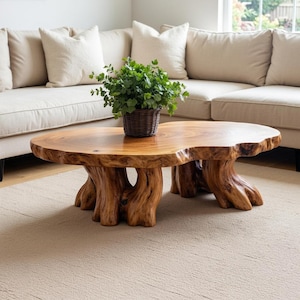 May include: A low coffee table crafted from a single piece of natural wood with a live edge, featuring a smooth, polished surface and a base formed by thick, gnarled tree roots. A small green plant sits in a dark brown woven basket on top.