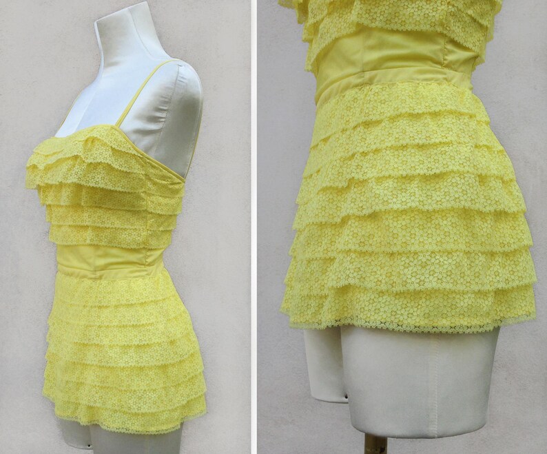 50s yellow corset / boned bodice corselette / lace ruffled Etsy