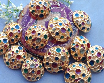 1 pc luxury button / Large Vintage 1980s Made in Italy Haute Couture jeweled shank buttons / brass and enamel dome button