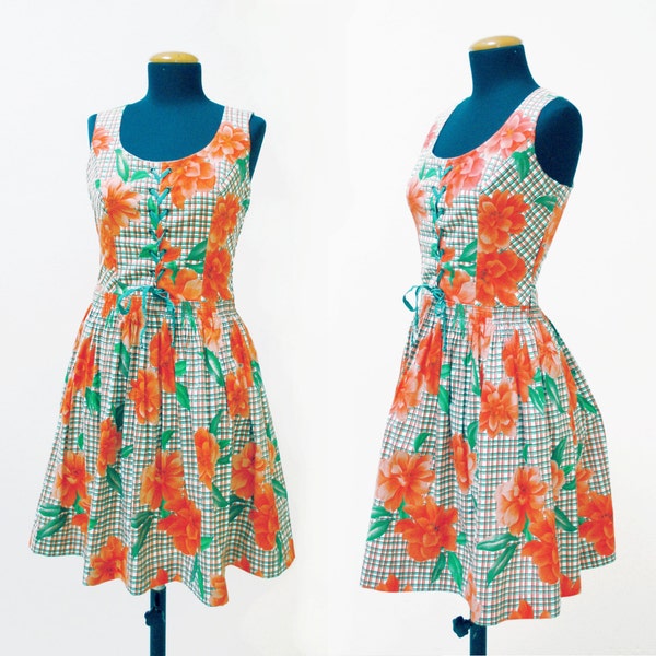 Vintage summer dress, bustier lace floral, 70s ,plaid, coral and emerald green, (S)