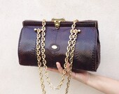 leather doctor bag / Vintage 80s genuine snake skin purse / top chain handles handbag / italian clutch frame boxy satchel / brown python