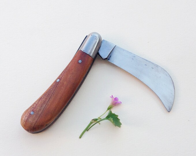 Vintage 70s Italian Pocket Knife / Wood Folding Pruning Knife Signed