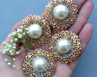 1pc luxury button 42 mm 1.6" / Extra Large Vintage filigree button Made in Italy / rhinestones floral shank buttons golden brass and pearl