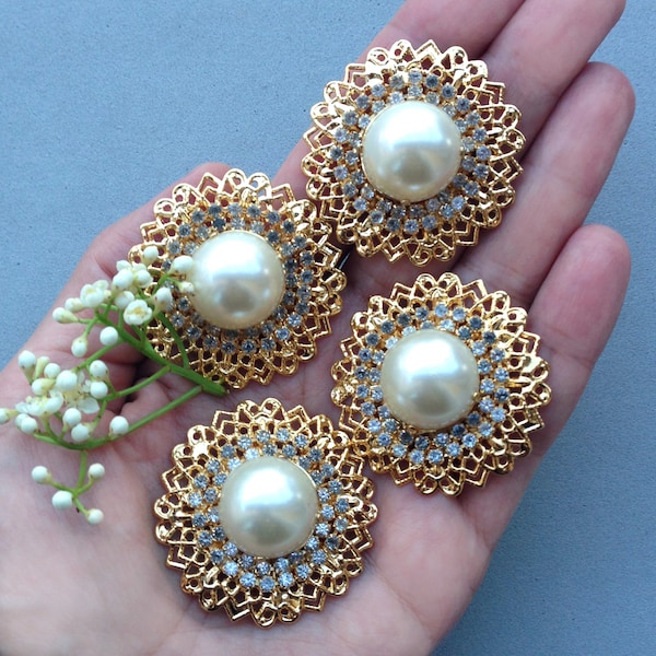 1pc luxury button 42 mm 1.6" / Extra Large Vintage filigree button Made in Italy / rhinestones floral shank buttons golden brass and pearl