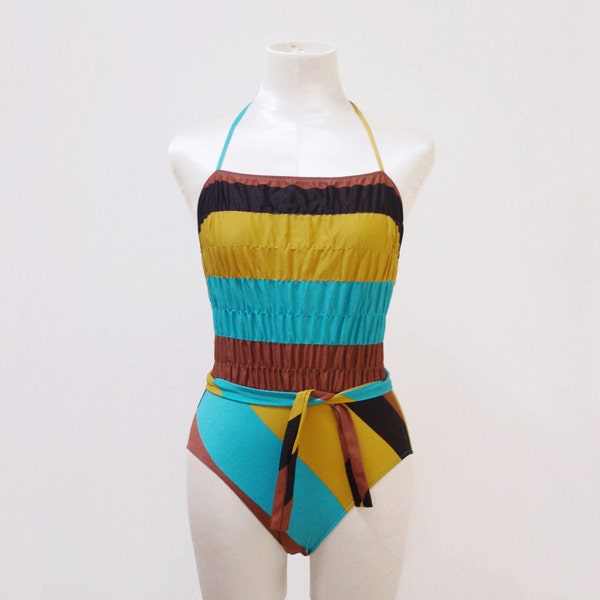 Vintage NOS swimsuit / 70s color block bathing suit / deadstock ruched one piece / M medium / mustard, turquoise, geometric