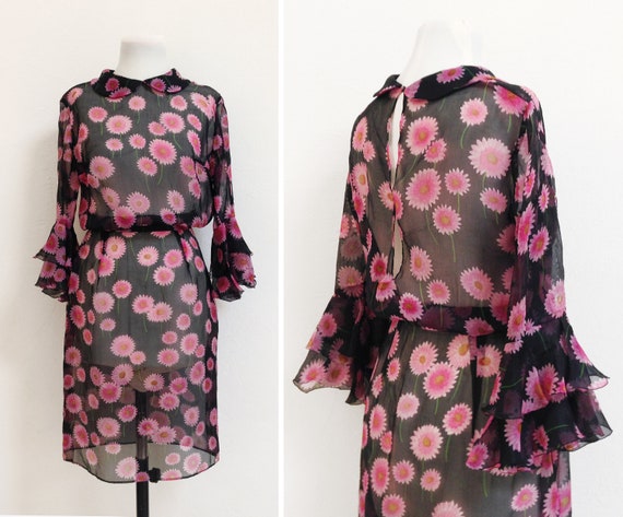 Sheer Organza dress / Vintage bell sleeve floral c