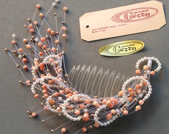 Natural Pink Coral Hair Comb / Vintage 1970s Bridal headpiece Made in Italy / Natural angel skin color coral beads hair jewelry