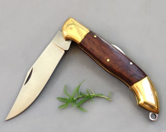 Vintage pocket Knife / locking device folding knife / Rostfrei one blade German belt ring lock knife / wood and brass handle for collectors