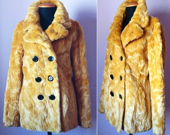 TRUSSARDI soft faux fur Coat size XS - S / Double breasted mustard plush winter women's Outwear / Designer jacket peacoat never used