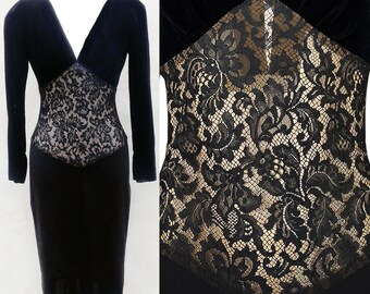 Yves Saint Laurent gown / 1986 YSL velvet lace evening dress / Vintage High Fashion black dress size XS 36 / Haute Couture cocktail dress