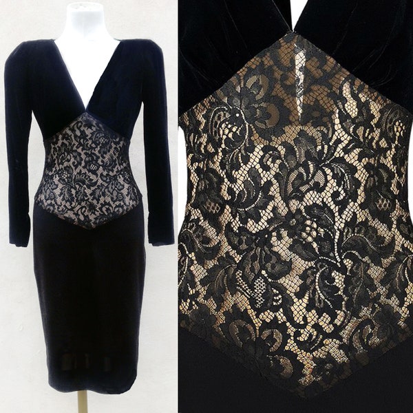 Yves Saint Laurent gown / 1986 YSL velvet lace evening dress / Vintage High Fashion black dress size XS 36 / Haute Couture cocktail dress