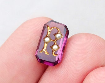Antique Amethyst Glass ring gem / Monogram R engraved gem for ring / faceted rectangular intaglio glass / carved seed pearl cameo jewelry