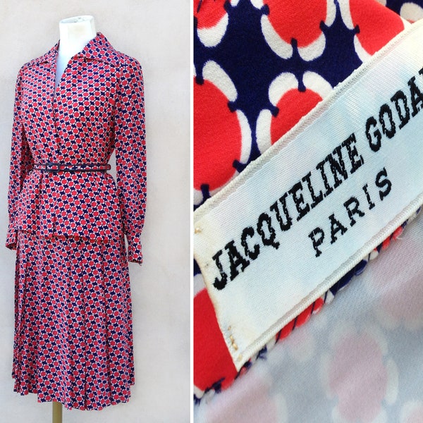 1970s SILK Ensemble suit dress / 70s JACQUELINE GODARD Paris op art flower print 2 piece matching set / hippie skirt shirt belt size S