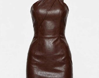 Genuine Cowhide Leather One-Shoulder Bodycon Dress, Chocolate Brown Mini Party Wear